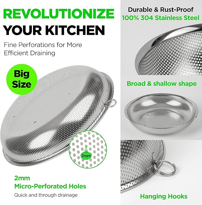 Premium 18/8 304 Stainless Steel Large Colander Set of 3, Comfortable Micro-Perforated Shallow Strainers, 5.5-7-10 Quart Tray Set, Self-Draining Solid Base for Pasta, Fruits, Vegetables