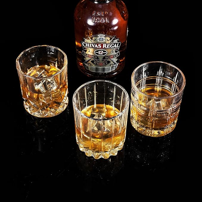 KANARS Whiskey Glasses Mixed, 10 Oz Scotch Glasses Set of 6, Rock Bar Tumblers 3 Patterns in Luxury Gift Box for Birthday, Anniversary, Housewarming and Wedding