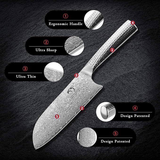 3 Pieces Damascus Kitchen Knife Set with 8” Chef Knife, 7” Santoku Knife, 3.5” Paring Knife, 67 Layer Handmade Damascus VG10 Steel Core, Hammered Ergonomic Handle (Gift Box)