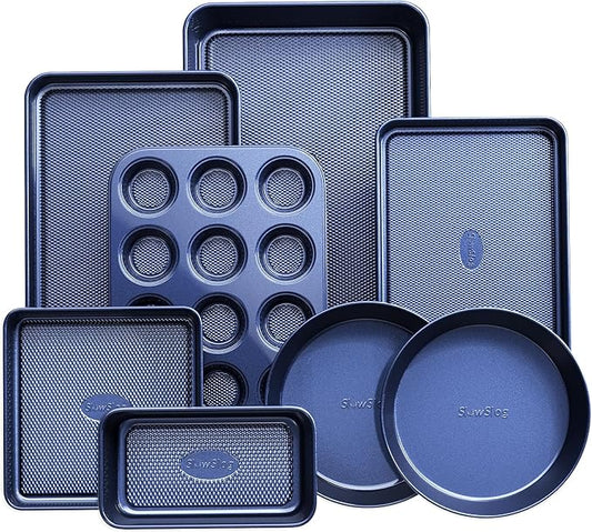 Baking Pans Set 8-Piece Bakeware Sets, Baking Sets for Cooking Nonstick Oven Pan Set, Baking Sheet Set, Cookie Sheets for Baking, Muffin Pan, Ceramic Coated Blue