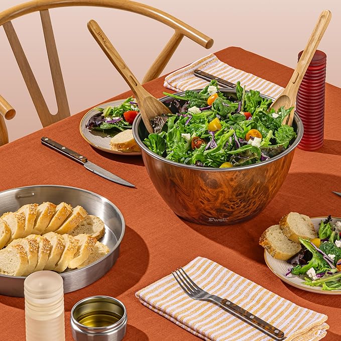 S'well Stainless Steel Salad Bowl Kit XL 184oz, Teakwood, Includes 5oz Canister For Dressing, Serving Utensils, and Removable Tray, Leakproof, Easy to Clean, Dishwasher and Refrigerator Safe