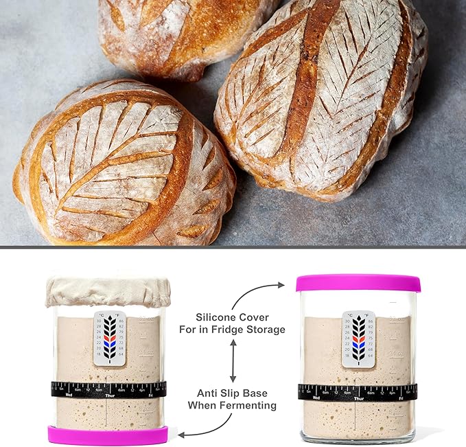 Premium Sourdough Starter Jar - 40oz Large Sourdough Jar with Marked Feeding Band, Thermometer, Scraper, Cloth Cover and Silicone Lid/Base, Wide Mouth Starter Kit - Pink
