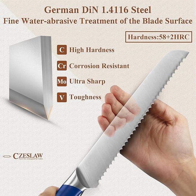 Bread Knife 2pcs, Forged from High Carbon German Steel, Full Tang Professional Grade Serrated Bread Knife for Homemade Bread