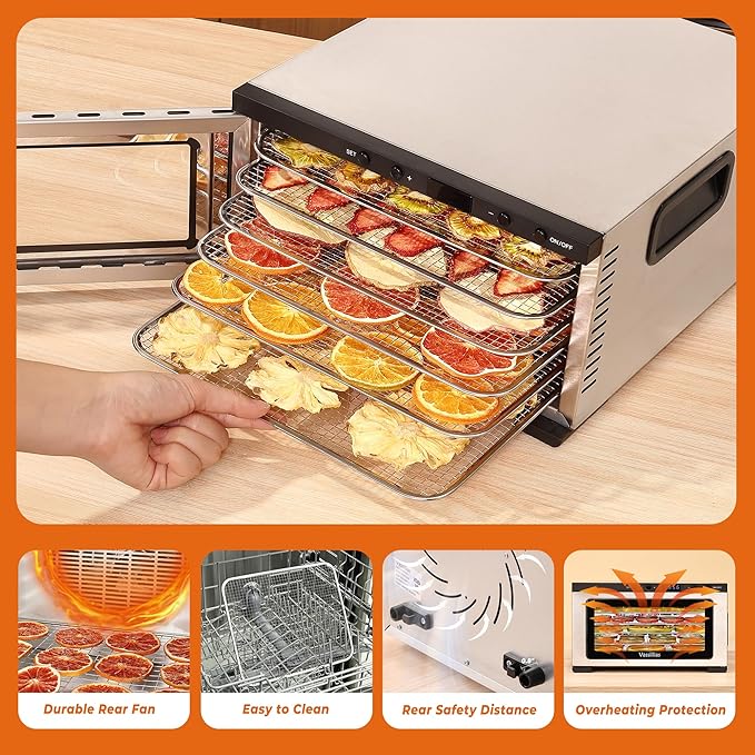 Stainless Steel Mini Food Dehydrator Dryer- 6 Stainless Steel Trays, Digital Adjustable Timer, 400W, 176°F, Temperature Control, for Jerky, Herb, Meat, Beef, Fruit and Pet Treats, Model 2016YJ, Silver