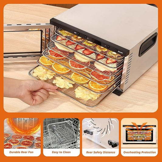 Stainless Steel Mini Food Dehydrator Dryer- 6 Stainless Steel Trays, Digital Adjustable Timer, 400W, 176°F, Temperature Control, for Jerky, Herb, Meat, Beef, Fruit and Pet Treats, Model 2016YJ, Silver