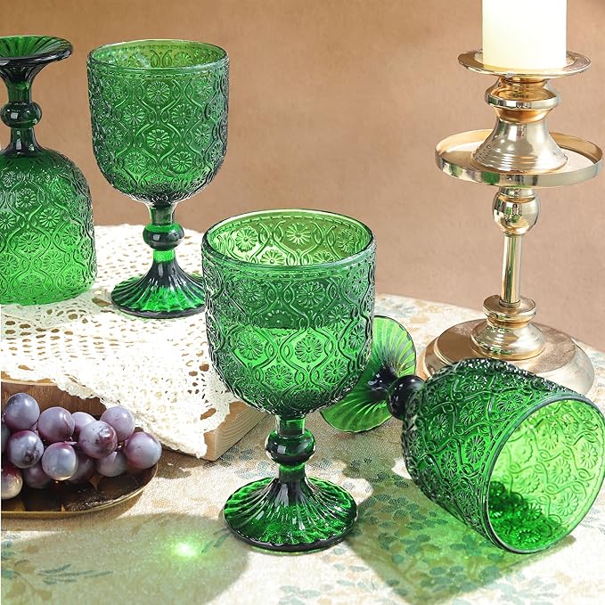 Joeyan Vintage Green Glass Wine Goblet,Embossed Floral Stemmed Wine Glasses,Colored Drinking Cups,Heavy-Duty Glassware for Wedding Party Bar,12 oz,Set of 4,Dishwasher Safe