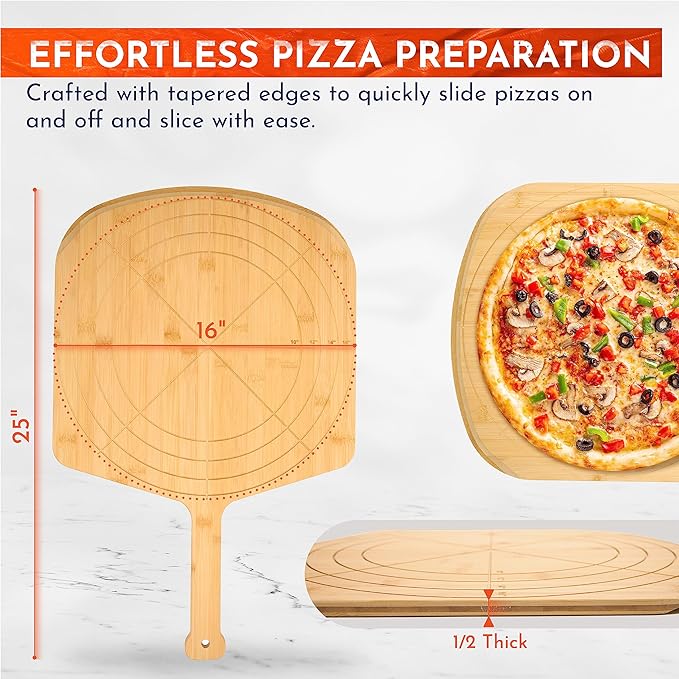 Loftern Wooden Pizza Peel 16 Inch Board with Engraved Sizes - Multi-Purpose Bamboo Pizza Cutting Board, Wood Pizza Peel, Pizza Spatula Paddle, and Serving Board with Size and Cutting Guide