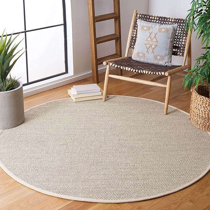 SAFAVIEH Area Rug 3' Round - Natural Fiber Collection - Marble & Beige, Sisal, Woven Design with Border (NF143C)