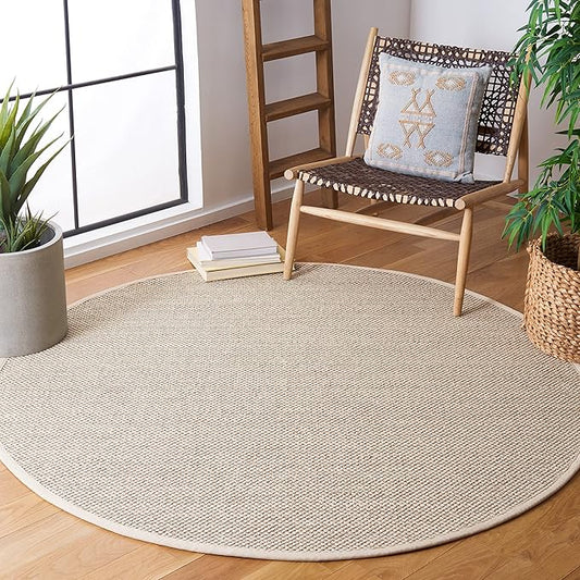 SAFAVIEH Area Rug 4' Round - Natural Fiber Collection - Marble & Beige, Sisal, Woven Design with Border (NF143C)