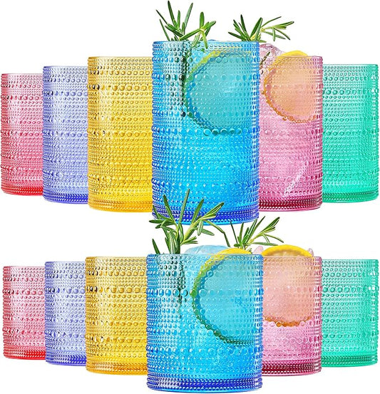 Khen Plastic Hobnail Drinking Glasses Set of 12 Bright Tones Cups 6x 10oz Lowball & 6x 1oz Highball Acrylic Beaded Design, BPA-Free, Dishwasher Safe Indoor/Outdoor Drinkware Water, Juice, Cocktails
