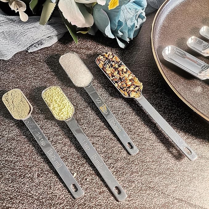 Measuring Spoons Set, 18/8 Stainless Steel Measuring Spoons, Heavy Duty Narrow Metal Measure Spoon with Long Handle, Metric & US Engraved Measurements Set 9 Fits in Spice Jars for Dry or Liquid