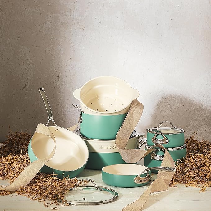 Bloomhouse 12 Piece Aluminum Pots and Pans Cookware Set w/Non-toxic Ceramic Non-stick, Ceramic Steamer Insert, & 12 Protective Care Bags - Sage Green