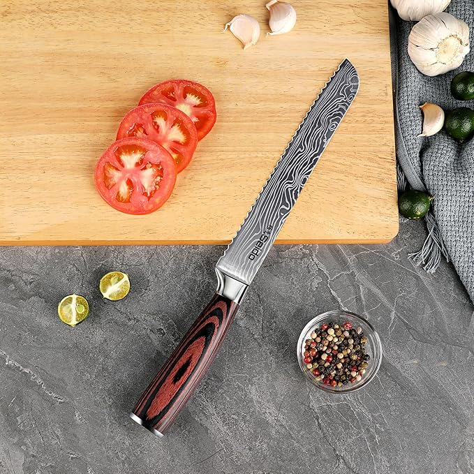 Seido Knives Master 8 Inch Serrated Bread Knife – High Carbon Stainless Steel Blade with Damascus Pattern Scalloped Serrations Full Tang & Ergonomic Pakkawood Handle