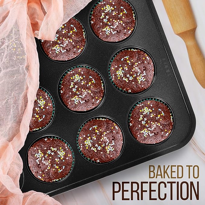 NutriChef Stackable Non-Stick Baking Pans Set – Carbon Steel Bakeware Set w/ Cookie Sheet, Muffin & Loaf Pan, Double Coated for Easy Release, Oven & Dishwasher Safe, Resists Warping, – Easy to Clean