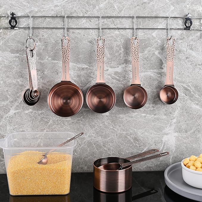 Copper Measuring Cups and Spoons Set 13, Stainless Steel Measuring Cups and Spoons Set for Baking and Kitchen, Metal Metric & US Measuring Set