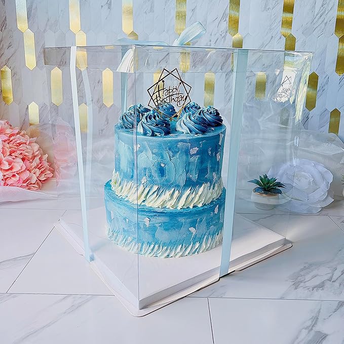 Sweet Degrees Clear Plastic Cake Boxes 13"x13"x14" – 2 Pack | Ribbon Included | Extra-Tall Cake Carriers with Clear Lids | Reusable Storage Containers for Tiered Cakes, Events & Bakery Display
