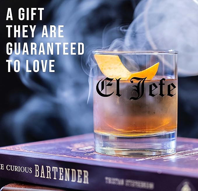 Spotted Dog Company Printed 11oz Whiskey Glass - El Jefe - The Boss - Old Tyme, National Day Gifts Best Ever Funny, Gifts for Him, Boss Gift, Father's Day