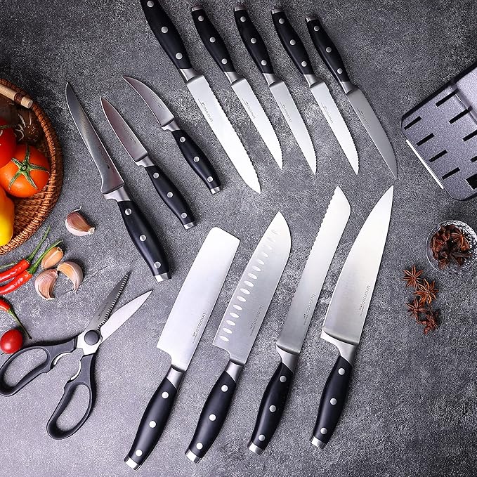 linoroso Knife Set with Gift Box, 14 Pcs Full Tang German Stainless Steel Knife Block Set with Scissors, Ultra Sharp Knife Sets for Kitchen with Wooden Block, Classic Series - Gift for Men & Women