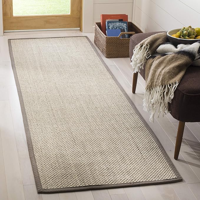 SAFAVIEH Natural Fiber Collection Runner Rug - 2'6" x 8', Marble & Khaki, Sisal, Woven Design with Border (NF143E)
