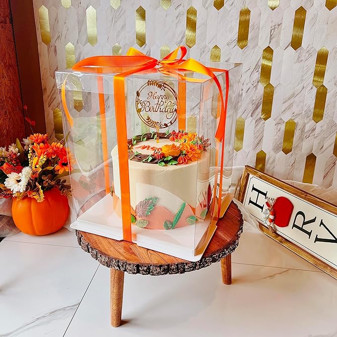 Square Clear Cake Boxes - Transparent Tall Cake Box with Ribbon - Gift Boxes with Lids for Birthday, Wedding, Party & Holiday (4 Sets, 10"L x 10"W x 12"H)