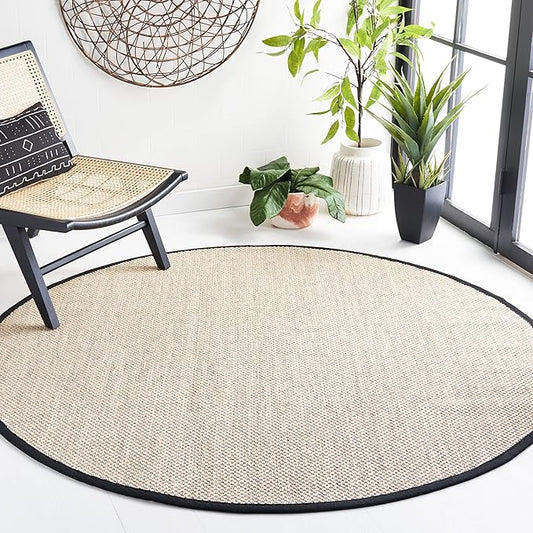 Safavieh Area Rug 8' Round - Natural Fiber Collection - Marble & Black, Sisal, Woven Design with Border (NF143A)
