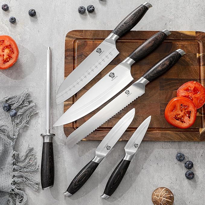 WILDMOK Knife Set, 7 Piece Kitchen Knife Set with Block Wooden, German Stainless Steel Sharp Chef Knife Set with Sharpener