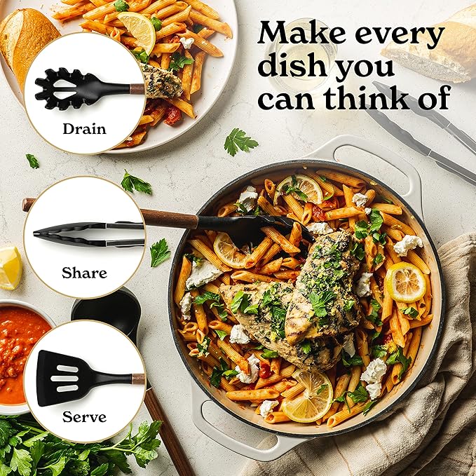 SMIRLY Kitchen Utensils Set – 22-Piece Silicone Cooking Utensils Set, Spatula Set with Holder, Wooden Handle Silicone Kitchen Gadgets for Nonstick Cookware