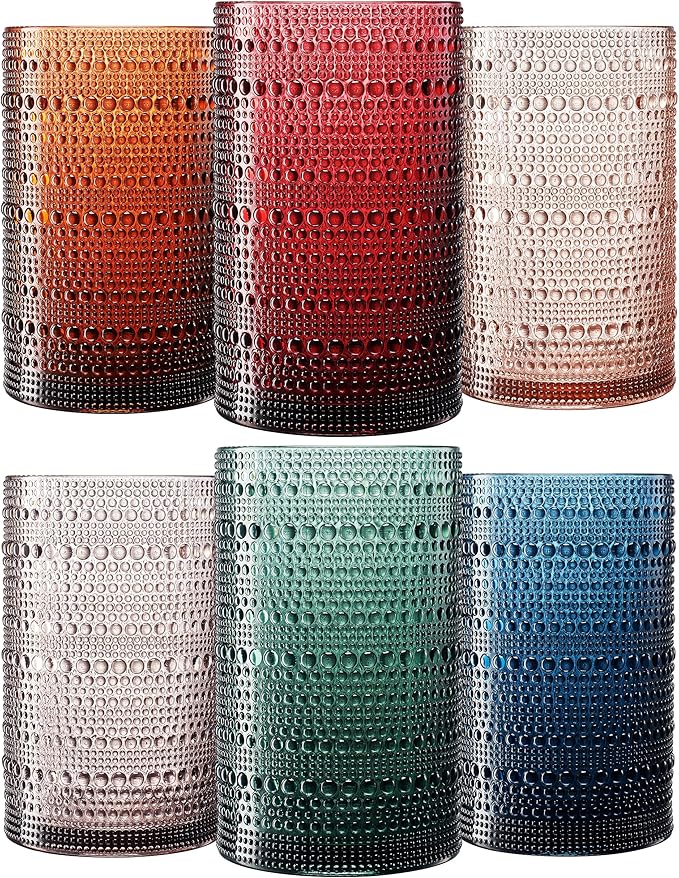 Khen Plastic Hobnail Drinking Highball Glasses Set of 6 Neutral Tones Cups 14oz, Shatterproof & Unbreakable Acrylic Beaded Design, BPA-Free, Dishwasher Safe Indoor/Outdoor Drinkware Water, Cocktails