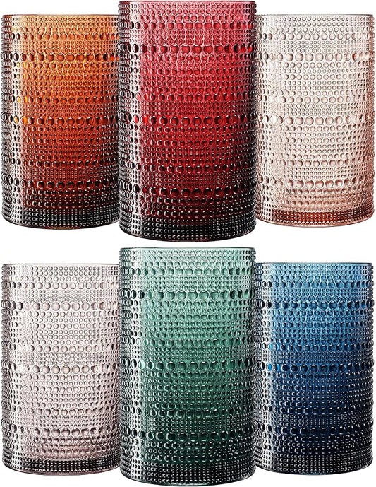 Khen Plastic Hobnail Drinking Highball Glasses Set of 6 Neutral Tones Cups 14oz, Shatterproof & Unbreakable Acrylic Beaded Design, BPA-Free, Dishwasher Safe Indoor/Outdoor Drinkware Water, Cocktails