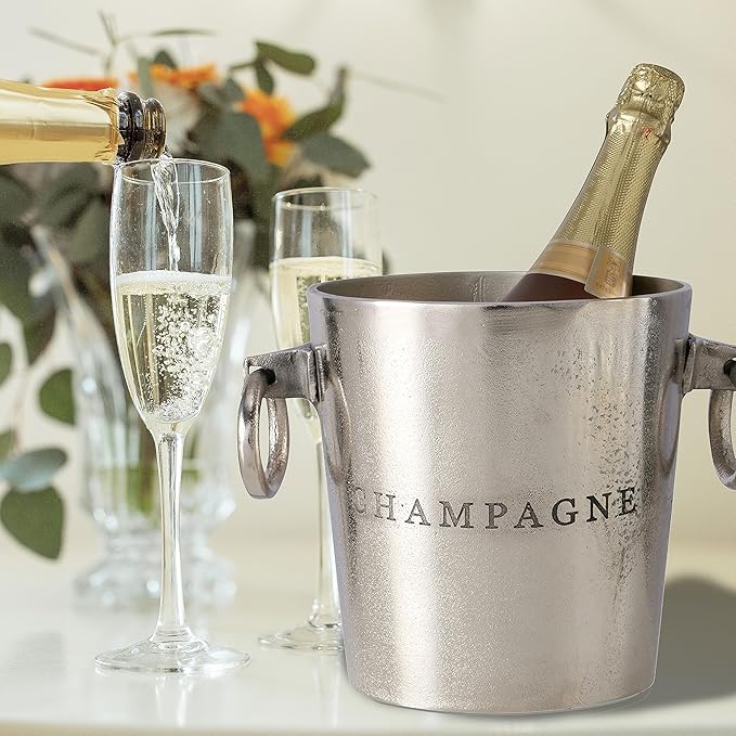 WHW Whole House Worlds Luxury Champagne Ice Bucket, Thick Gauge Walls, Handles, 7 Diameter, Handmade, Aluminum Nickel, Highly Polished, Silver Craft Finish