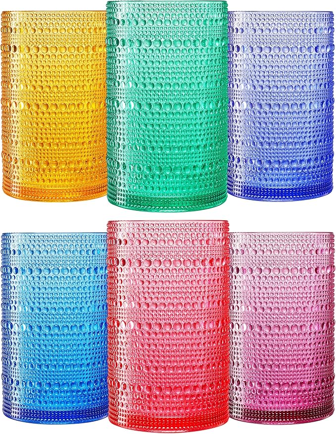 Khen Plastic Hobnail Drinking Highball Glasses Set of 6 Bright Tones Cups 14oz, Shatterproof & Unbreakable Acrylic Beaded Design, BPA-Free, Dishwasher Safe Indoor/Outdoor Drinkware Water, Cocktails