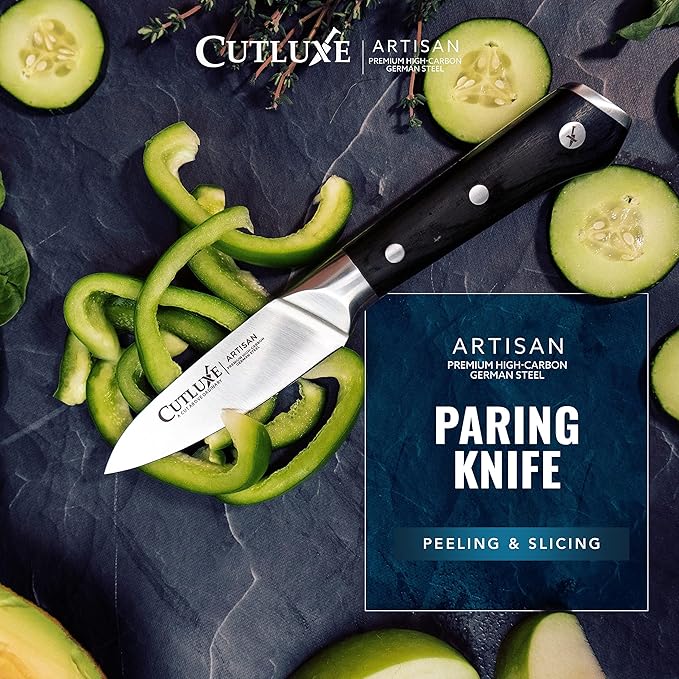 Cutluxe Paring Knife, 3.5" Small Kitchen Peeling Knife with Razor Sharp Blade – High Carbon German Steel, Full Tang, Ergonomic Handle Design – Artisan Series