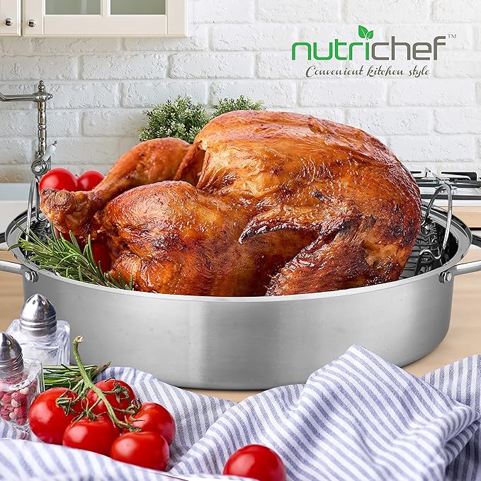 NutriChef 20" Oval Roasting Pan with Rack and Lid - Premium Stainless Steel Roaster Dish w/ Wide Handles & Removable Rack, Multi-Use Cookware for Turkey, Chicken, Stews, & More - Dishwasher Safe