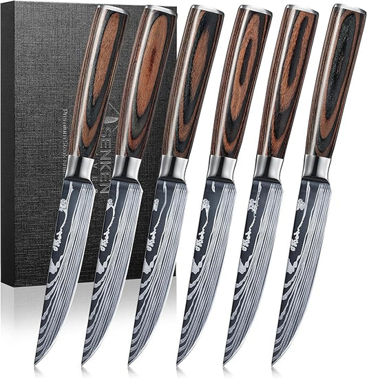 SENKEN Non-Serrated Steak Knife Set with Damascus Pattern - Razor Sharp Straight Edge Blade, Stainless Steel & Wood Handle (Steak Knives Set of 6)