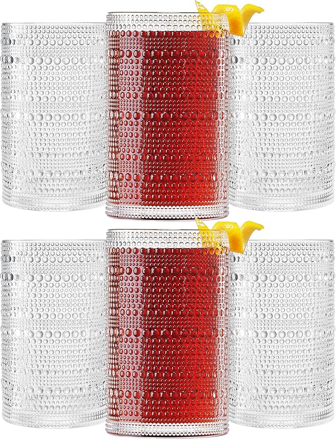 Khen Plastic Hobnail Drinking Highball Glasses Set of 6 Clear Color Cups 14oz, Shatterproof & Unbreakable Acrylic Beaded Design, BPA-Free, Dishwasher Safe Indoor/Outdoor Drinkware Water, Cocktails