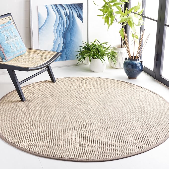 SAFAVIEH Area Rug 4' Round - Natural Fiber Collection - Marble & Khaki, Sisal, Woven Design with Border (NF143E)