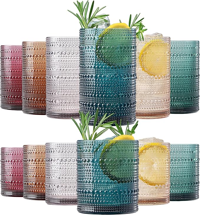 Khen Plastic Hobnail Drinking Glasses Set of 12 Neutral Tones Cups 6x 10oz Lowball & 6x 1oz Highball Acrylic Beaded Design, BPA-Free, Dishwasher Safe Indoor/Outdoor Drinkware Water, Juice, Cocktails