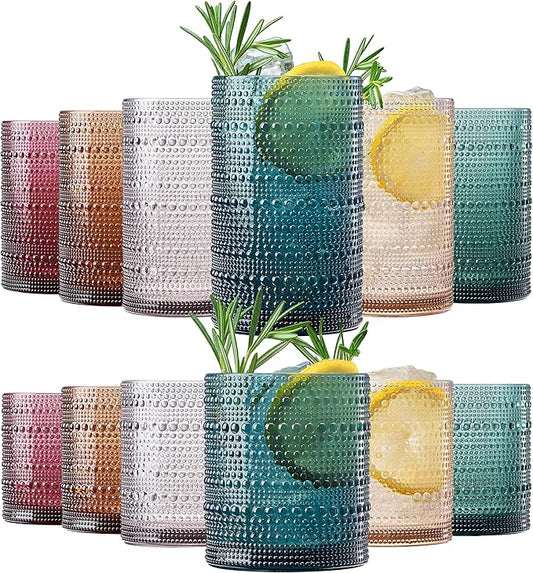 Khen Plastic Hobnail Drinking Glasses Set of 12 Neutral Tones Cups 6x 10oz Lowball & 6x 1oz Highball Acrylic Beaded Design, BPA-Free, Dishwasher Safe Indoor/Outdoor Drinkware Water, Juice, Cocktails