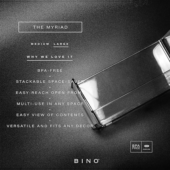 BINO | Stackable Plastic Storage Bins, Large | THE MYRIAD COLLECTION | Multipurpose Bins | Pantry Organizers And Storage | Home Organization Containers | Clear Plastic Fridge Bin | Freezer Organizer
